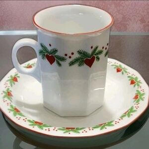 Porsgrund Hearts and Pines Flat Cup and Saucer Multisided/Octavia Made in Norway